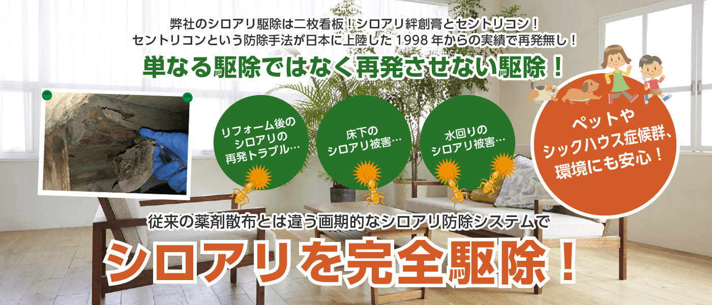 セントリコンが日本に上陸以来２０年間の実績で再発無し！単なる駆除ではなく再発させない駆除！従来の薬剤散布とは違う画期的なシロアリ防除システムでシロアリを完全駆除！